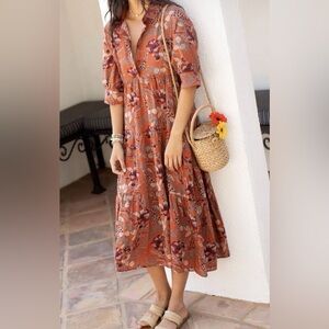 Natural Life Rebecca Orange Floral Midi Dress Pockets Boho Hippie Chic Comfort L